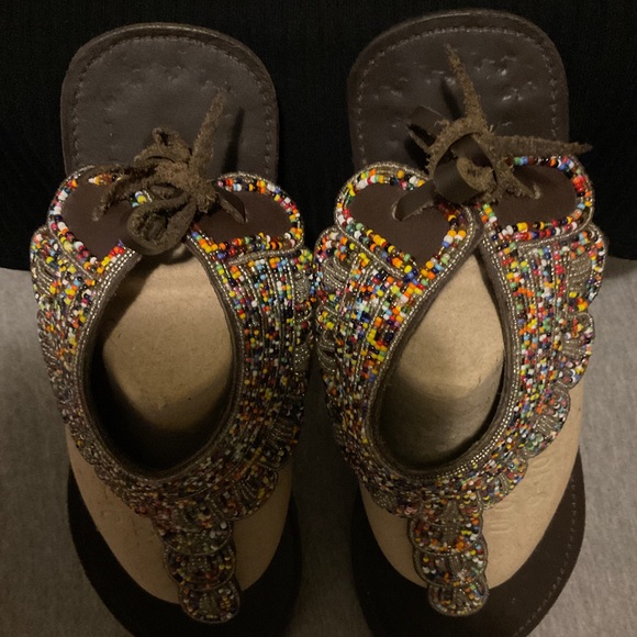 🆕SIZE 10 AFRICAN HANDMADE BROWN LEATHER COLORFUL BEADED THONG SANDALS - Picture 16 of 16